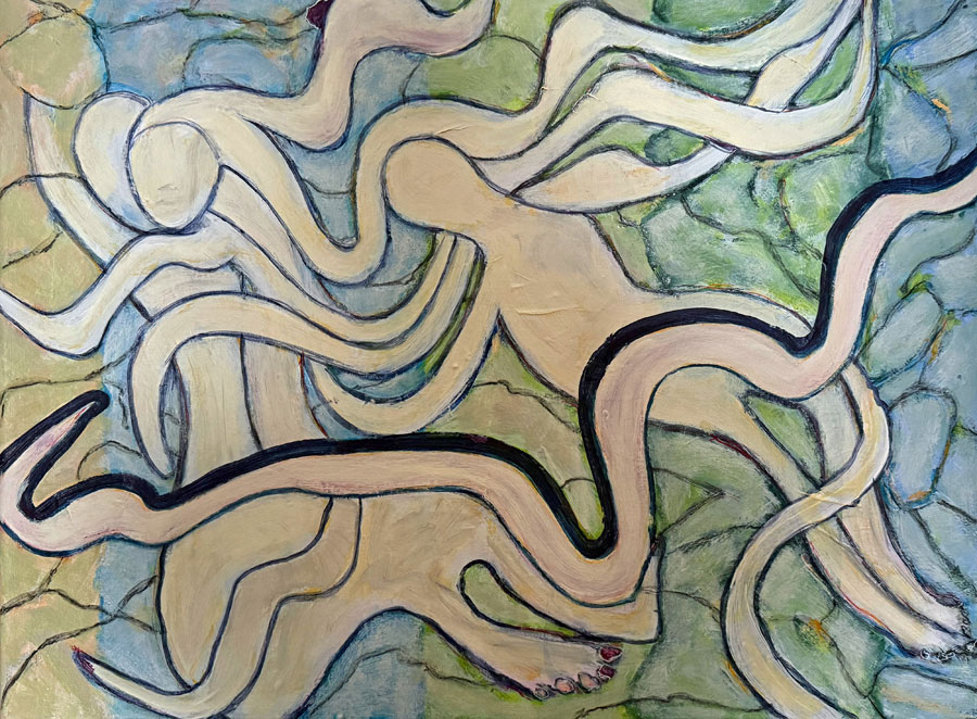 Acrylfarbe und Wenzhoupapier, gewundene, menschenähnliche Figugen in den pastelligen Farben blau, grün, rot und weiß