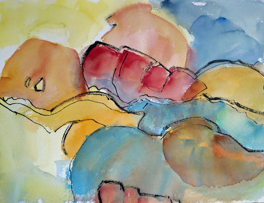 orange/rot/Blaue Formen verschwommen mit Aquarellfarbe und Linien aus schwarzer Tusche